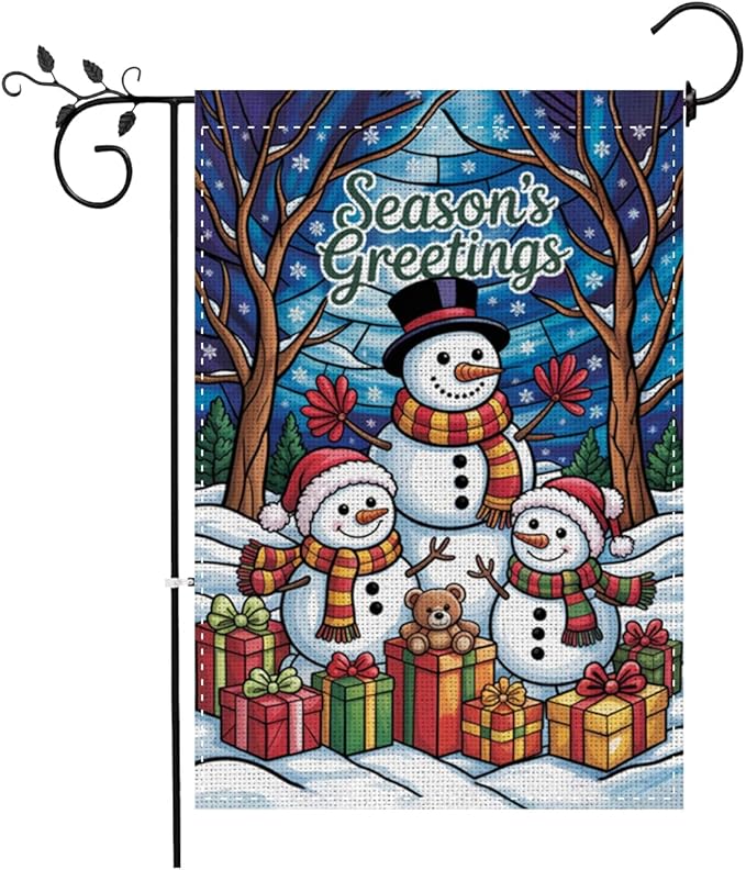 Fokongna Winter Hello Snowman Garden Flag, Season's Greetings Merry Christmas Garden Flag, 12x18 Inch Burlap Vertical Double Sided Flags, for Home Yard Outside Decorations