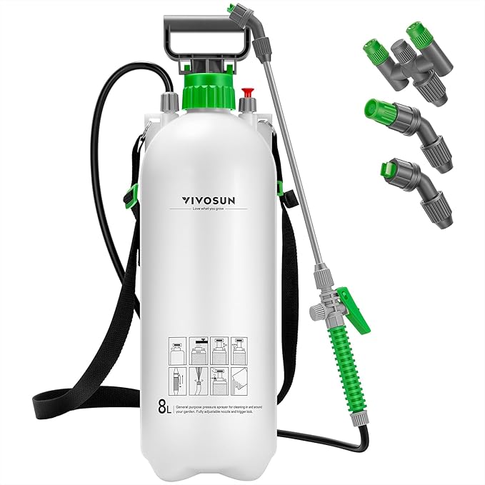 VIVOSUN 2.1 Gal/8L Pump Sprayer, Garden Water Sprayer for Plants, Weeds & Lawn Care, with 3 Nozzles, 50'' Long Hose & Pressure Relief Valve