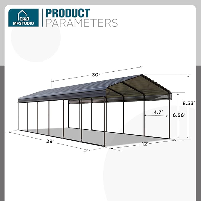 MFSTUDIO Carport 12x30 ft, Outdoor Heavy Duty Metal Shed Carports, Metal Garage Car Shelter Shade Car Port with Galvanized Roof, Frame and Bolts for 2 Cars, Truck and Boats