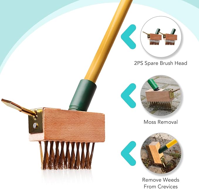 Extendable Weed Brush Telescopic Gardening Tool with Angled Wire Bristles, Spare Heads, and Weeder Scraper for Clearing Weeds, Moss, and Algae from Patios, Driveways, and Block Paving