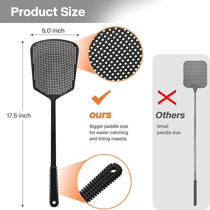 Fly Swatters-Begonia Flexible Heavy Duty Thick Fly Swatters with Bigger Paddle, Black 6 Pack