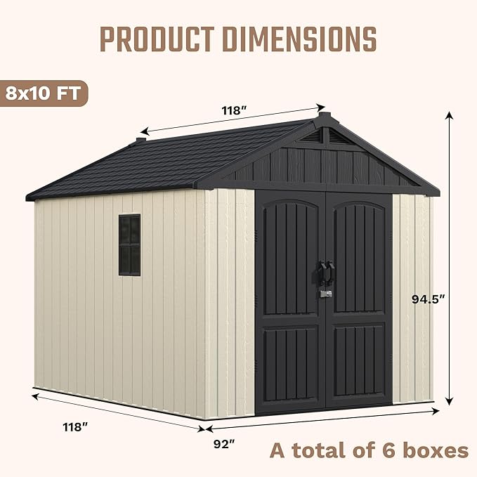 Devoko 8 x 10 FT Plastic Outdoor Storage Shed with Floor, Garden Resin Shed Tool Shed with DIY Window and Lockable Door, Beige Kick-it Shed for Patio, Backyard, Lawn