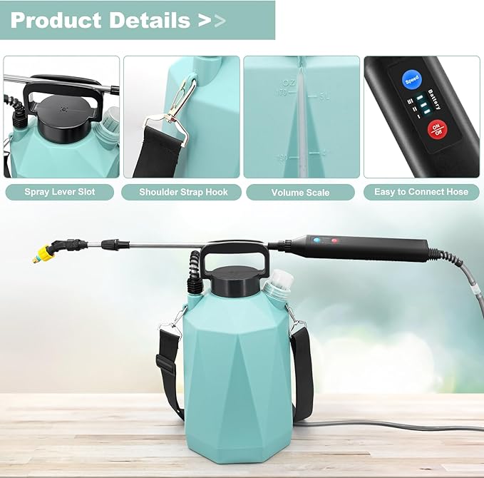 Battery Powered Sprayer 1.35Gallon/5L, 2025 Upgraded Electric Sprayer in Lawn and Garden with 3 Adjustable Force, Battery Indicator, Rechargeable Handle, Telescopic Wand,3 Mist Nozzles,Shoulder Strap