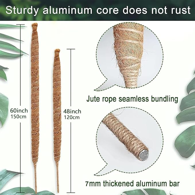 2 Pack 48" 60" Moss Pole, Bendable Moss Pole for Plants Monstera, Tall Moss Poles for Climbing Plants Indoor, Large Support, Garden Trellis Stick Stakes for Plants