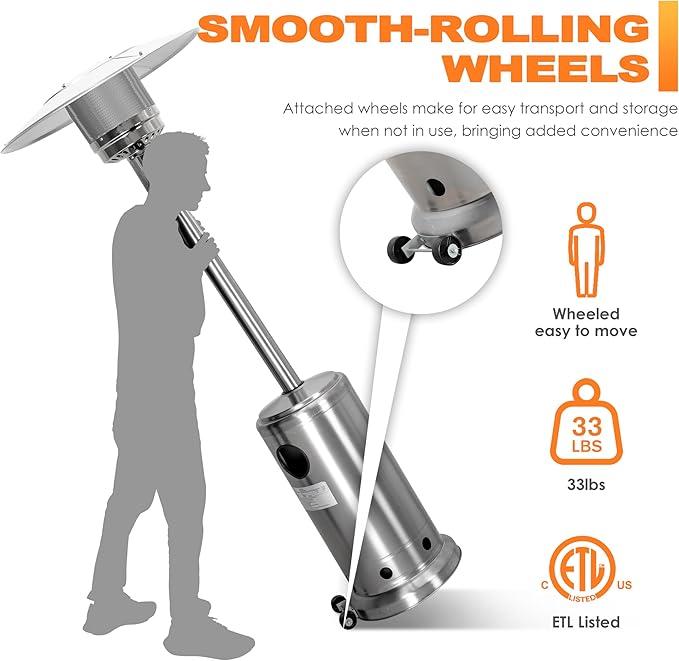 Nuu Garden Outdoor Propane Patio Heater, 46,000 BTU with Stainless Steel Burner and Wheels, Silver for Garden and Terrace