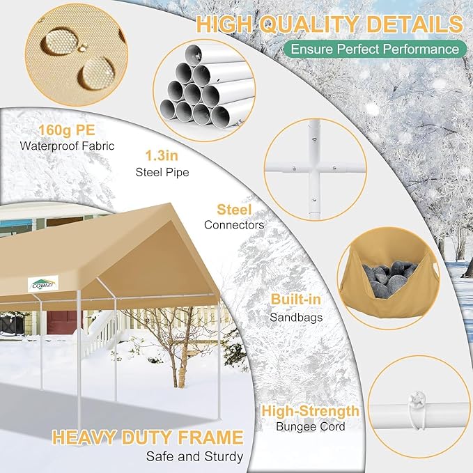 COBIZI Carport 12x20ft Heavy Duty Portable Garage, 2.0 Powder Coated Frame(Better Than Galvanized), Waterproof Shelter with Removable Sidewalls & Windows, Built-in Sandbags, for Car/Boat/SUV, Khaki