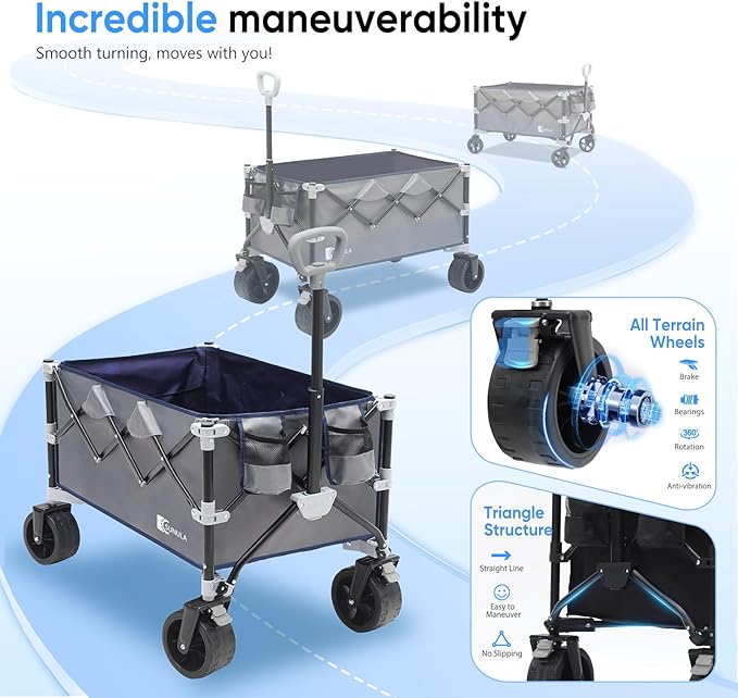 Collapsible Wagon Cart with 440lbs Weight Capacity, Heavy Duty Foldable Wagon with Big All-Terrain Wheels & Drink Holders, Utility Carts for Camping, Garden, Outdoor, Grocery, Sports. Gray