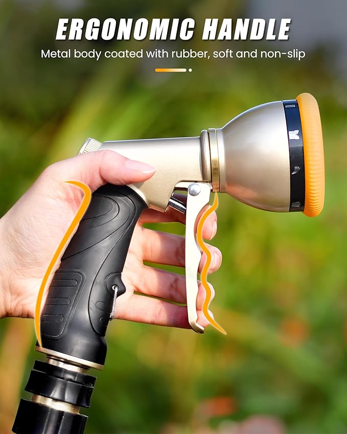 RAINPOINT Garden Hose Nozzle, Heavy Duty Metal Water Hose Sprayer Nozzle with 9 Adjustable Spray Patterns, High Pressure Hand Sprayer for Watering Plants & Lawns (Orange)