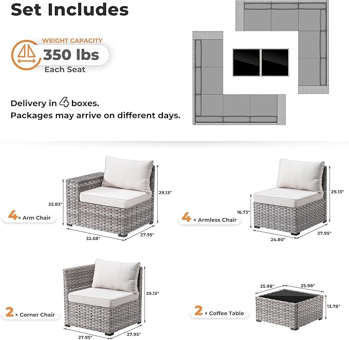 ovios 12 Pieces Patio Furniture Set, Outdoor Wicker Sectional Sofa with Glass Table Comfy Cushions, Modern Modular Deep Seat Couch Rattan Conversation Set, Beige