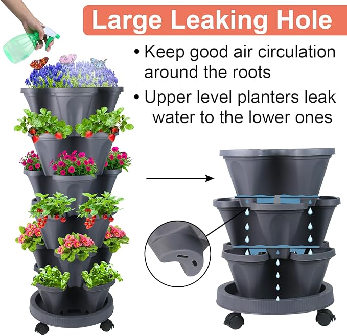 Vertical Planter, 6 Tier Stackable Strawberry Planter with Garden Tool Set, Movable Indoor/Outdoor Garden Herb Pot for Growing Vegetables and Succulents, Dark Gray