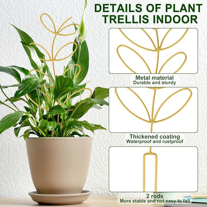 AUGSUN 2 Pcs Gold Trellis Leaf Shape 12 Inch Metal Plant Support with 50 Ties for Climbing Potted Plants Houseplant Garden Indoor Outdoor