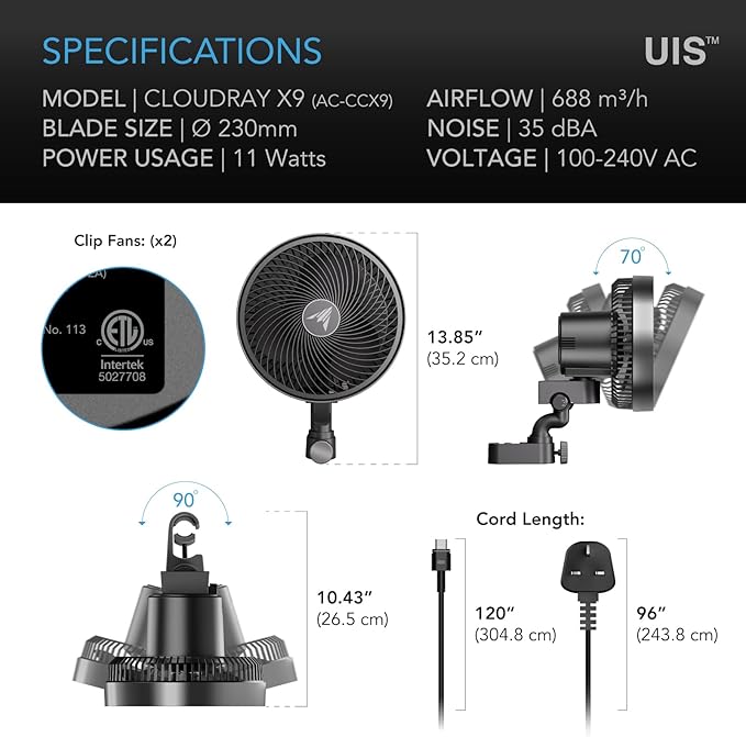 AC Infinity CLOUDRAY S9 2-Pack, Grow Tent Clip Fan 9” with Redesigned Long-Life EC Motor, Custom 10 Dynamic Wind Speeds and 10-Level Oscillation, for Hydroponics Circulation Cooling, 2-Count