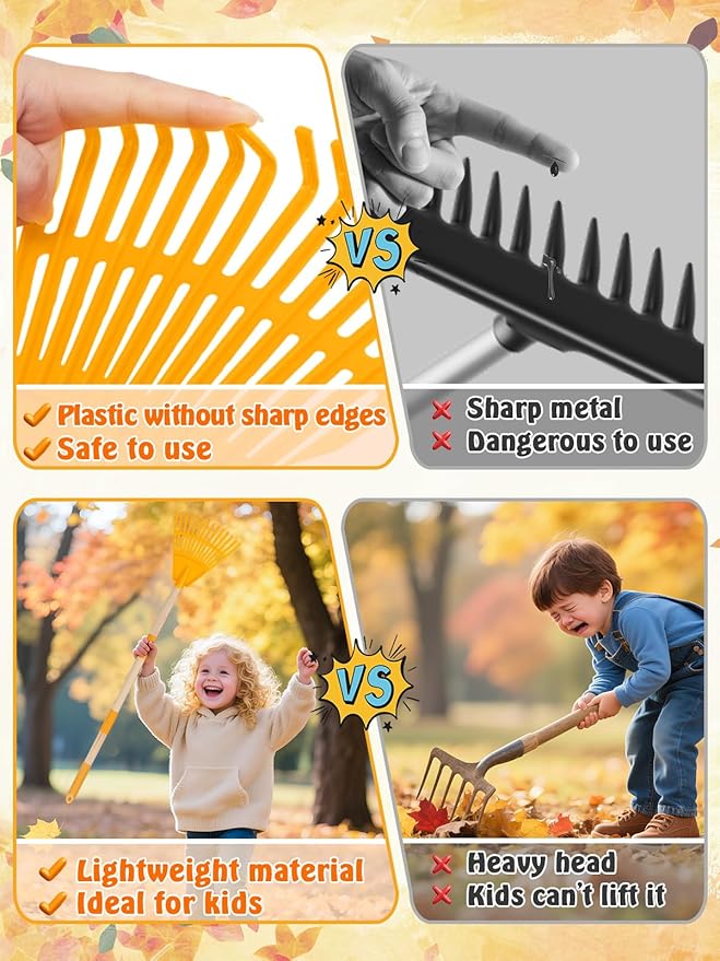 Acostop 2 Pcs Kids Rakes with Wood Handle - 34" Lightweight Plastic Garden Rake for Leaves, Safe to Use Kid Yard Tools for Boys Girls Fall Gardening Gifts (Yellow)