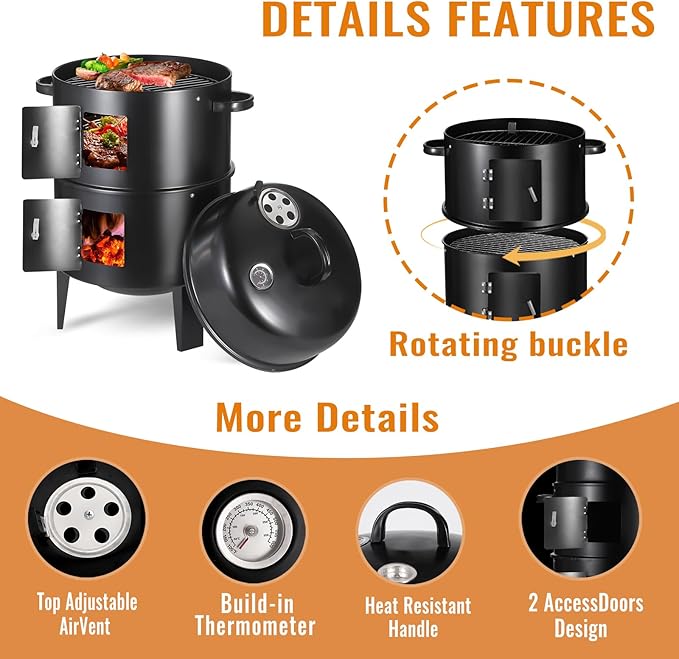 Vertical 17 Inch Charcoal Smoker Grill with Thermometers and Air Vent, Multi-Layer Meat 3-in-1 Portable light weight with 2 Access Doors Grill Smoker (17 INCH)