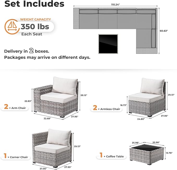 ovios 6 Pieces Patio Furniture Set, Outdoor Wicker Sectional Sofa with Glass Table Comfy Cushions, Modern Modular Deep Seat Couch Rattan Conversation Set, Beige