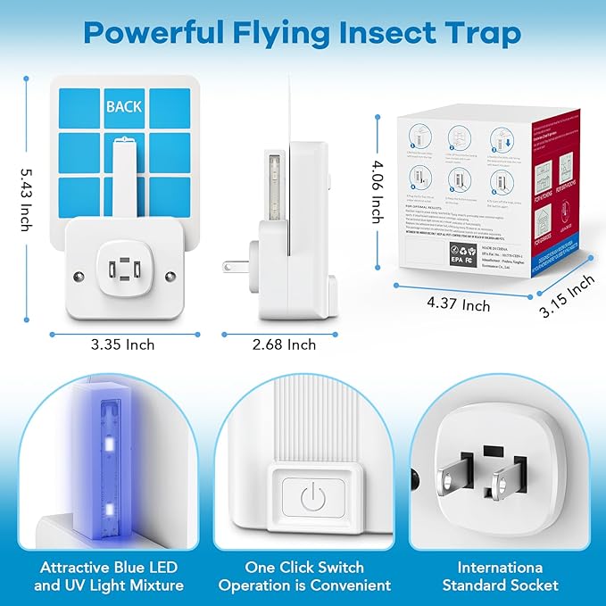 Fly Trap Indoor, 2 Devices with 6 Refills, Fruit Fly Traps for Indoors, Gnat Killer Indoor, Plug-in Insect Trap for Gnats, Flies, Moths, and Other Flying Bugs (2 Device+6 Refill)
