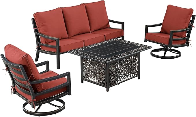 Oakland Living Black Aluminum Patio Fire Table Set with Deep Seating Sofa with Cushions and Two Club Chairs with Red Cushions