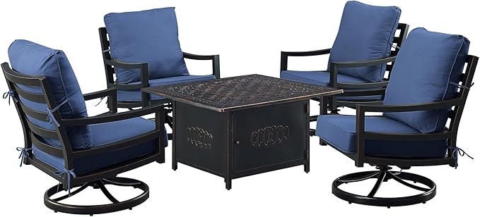 Oakland Living Black Aluminum Patio Fire Table Set with Four Club Chairs with Blue Cushions