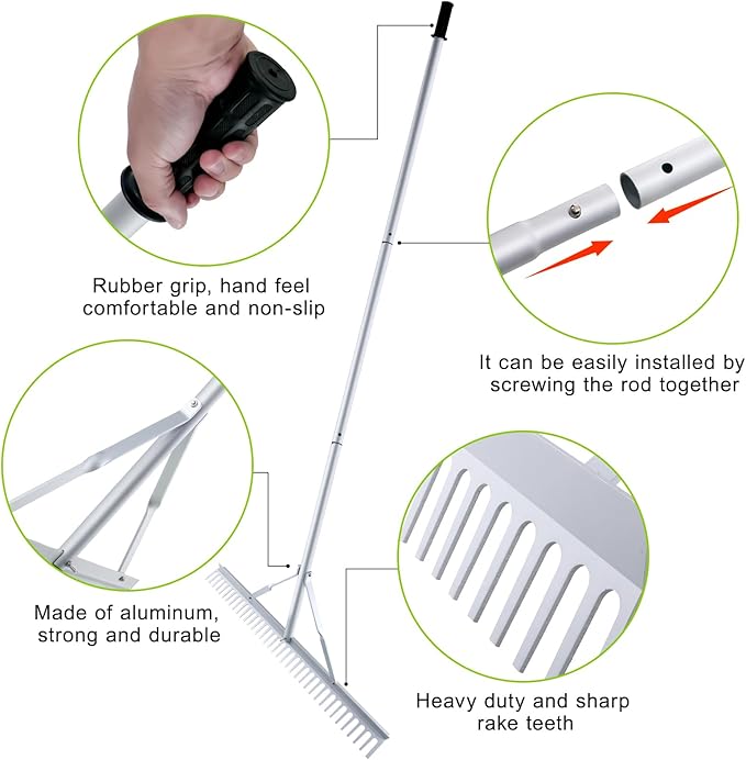 36 Inch Aluminum Landscape Rake, Garden Rake, Heavy Duty Rakes for Lawns, Metal Rake for Gardening, Loosening Soil, Lawn Care, Lake and Beach