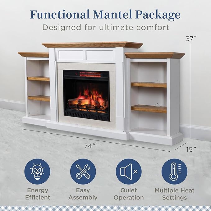 Country Living Belhaven 74 Inch Bookcase Mantel Package | 23 Inch Electric Fireplace Insert Heater with Remote | Warm Walnut Shelving | Marble or White Trim | Multi-Color Flames