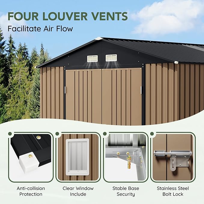 10x12 FT Outdoor Metal Storage Shed, Double Swing Doors, 2 Clear Windows, Replaceable Skylight Roof Panel, Tool Shed for Garden, Patio, Backyard Brown