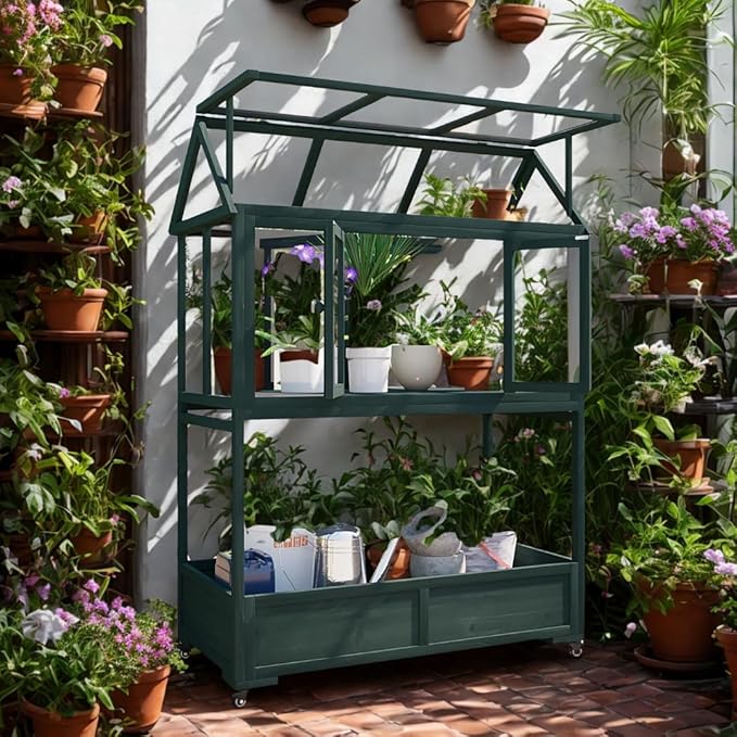 Portable Wooden Cold Frame Greenhouse with Wheels - 47" Mini Greenhouse with Adjustable Roof, Storage Box & Polycarbonate Panels - Plant Protector for Seedlings, Herbs & Winter Gardening (Green)