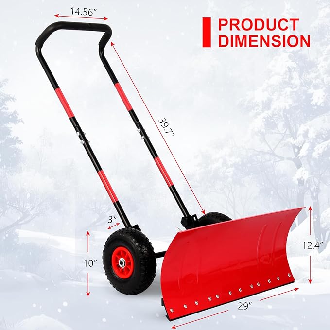 29" snow shovel with wider wheels,efficient snow removal tool,snow plow with adjustable handle and angled blade,snow pusher for doorway sidewalk,ergonomic double rod handle design with reflective tape