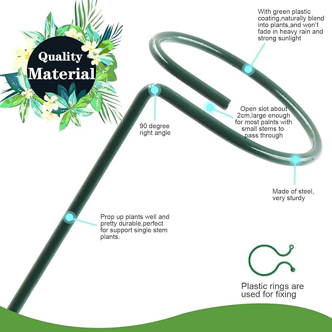 HiGift 5 Pack Plant Support Stakes, Garden Single Stem Flower Support Stick Metal Amaryllis Plant Cage Support Rings with 10pcs Plant Clips for Orchid Lily Peony Rose Stem (40 cm/16 inch Long)