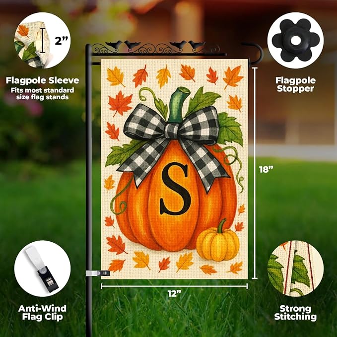 Fall Garden Flags 12x18 Double Sided – Pumpkin Monogram Garden Flag S – Fall Yard Flags for Outside Burlap, Weatherproof & Fade Resistant, Farmhouse Outdoor Décor