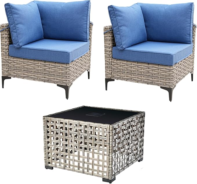 HOOOWOOO 3 Pieces Outdoor Patio Sectional Sets with 2 Single Arm End Corner Chairs and an LED Table,Blue