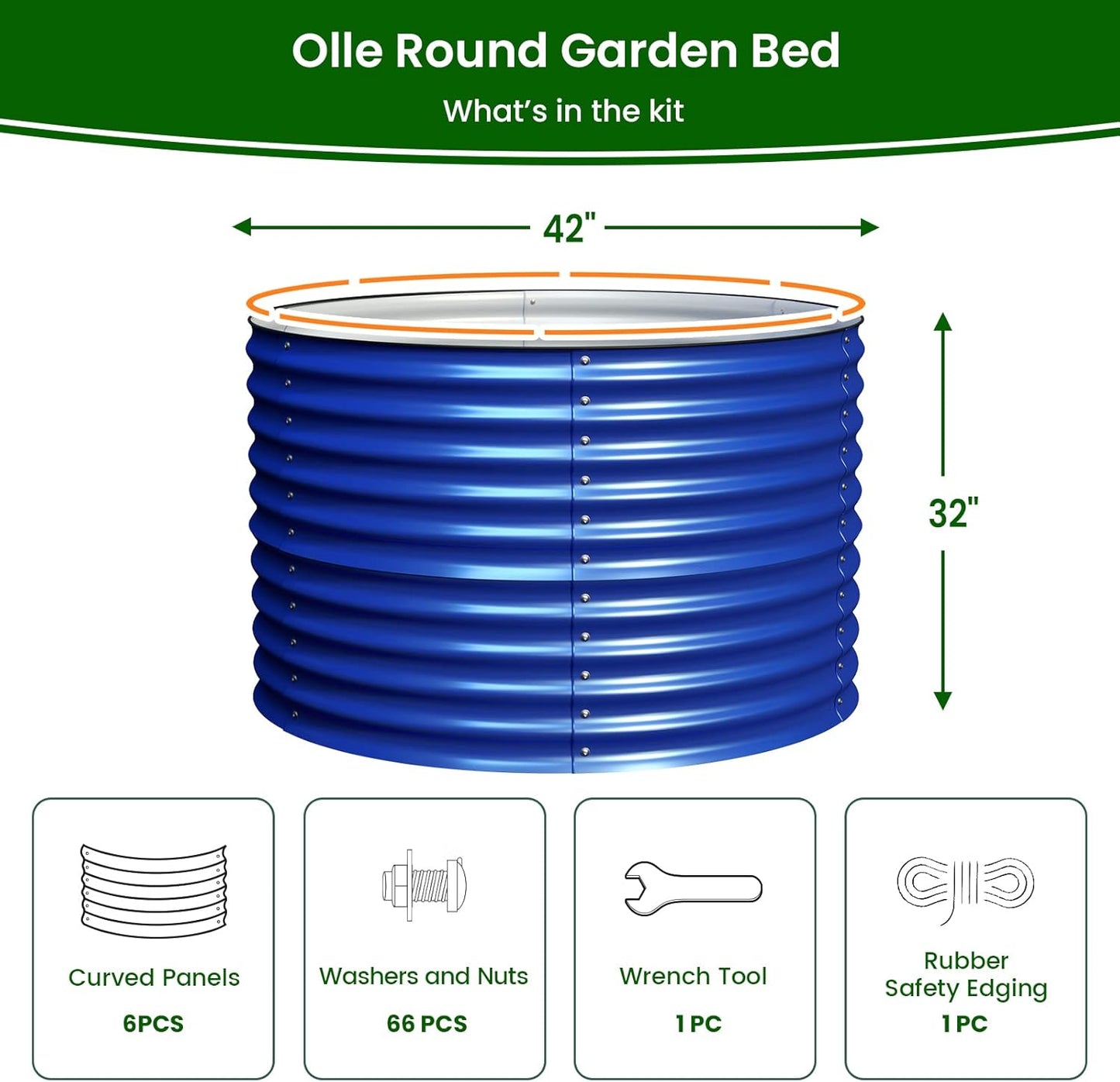 Olle 32" Tall, Galvanized Raised Garden Bed for Flower Round Galvanized Planter Raised Bed Metal Raised Planter Bed, Urban Vegetable Garden Planters, Cobalt Blue