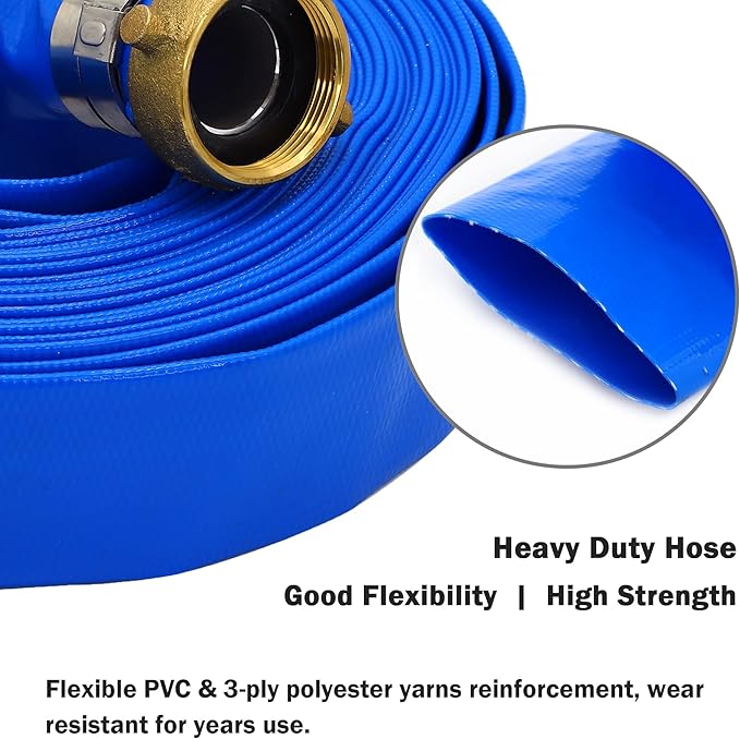 DAVCO 1" ID x 100 ft Pool Backwash Hose, Heavy Duty Reinforced Blue PVC Lay Flat Water Discharge Pump Hoses For Swimming Drain Pools and Clean Filters, With Aluminum Pin Lug Fittings