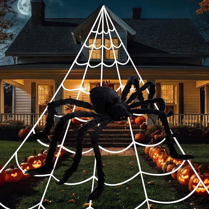 276" Halloween Spider Web 59" Giant Spider Decorations 20 Fake Spiders with Triangular Huge Spiders Web for Yard Lawn Garden Patio Scary Outside Decor-Indoor Haunted House Prop Party Halloween Décor