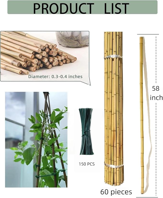 60 Pack 58 inch Bamboo Stakes for Plant with 200 Twist Ties Bamboo Sticks Plant Support Garden Stakes Poles for Tomatoes Cucumber Grapes Pole Beans Trees Potted Dahlia Flowers