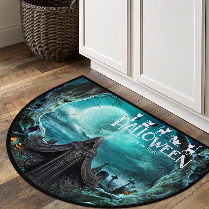 Halloween Half Round Door Mat, Halloween Pumpkin Cemetery Semicircle Door Mats, Non Slip Area Rug Soft Doormat for Indoor Entrance Wear Resistant Welcome Mat for Garage Patio Home Decor 24 x 36 In
