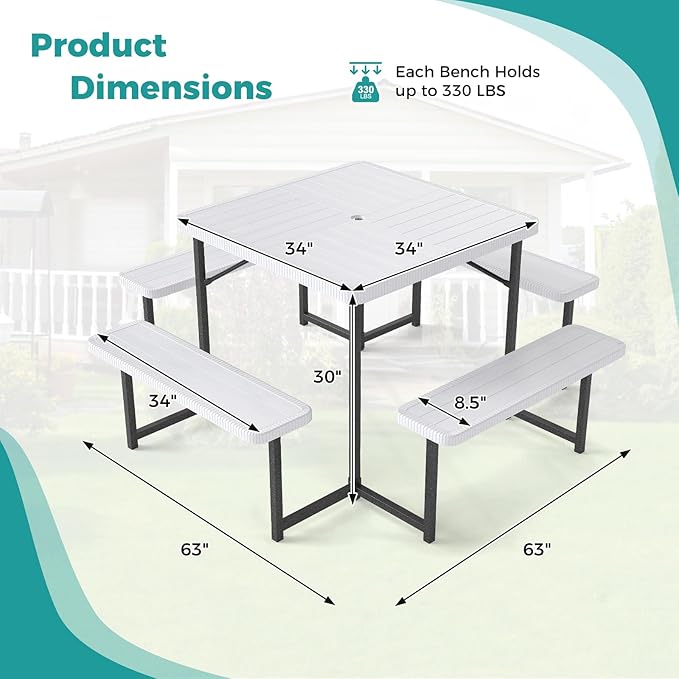 Giantex Picnic Table Bench Set for 4-8 People, 34" Outdoor Square Dining Table & 2 Benches w/Umbrella Hole, HDPE Tabletop, Metal Frame, Patio Camping Furniture for Backyard Porch Lawn (White,Square)