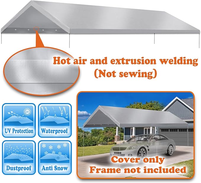Strong Camel 10'x20' Carport Replacement Canopy for Tent Top Garage Shelter with Ball Bungees (Only Cover, Frame Not Included) (Silver, 10x20)