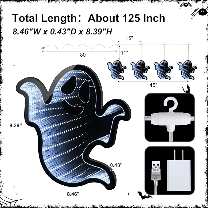 Halloween Décor 4 Ghosts Infinity Lights with USB Powered, 10.42FT 3D Infinity Mirror String Lights, Halloween Indoor Decorations for Window Outdoor Wall Party Room