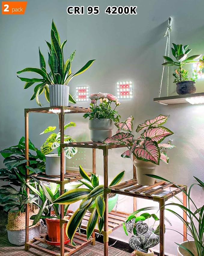 DOMMIA Grow Light, Square Dimmable Full Spectrum High PPFD with Optical Lens, Auto on/Off and 6/12/16H Timer, Suitable for Seed Starting and Easy to Install, 2 Pack