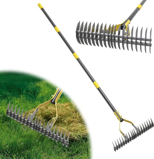 Thatch Rake,55 Inch Garden Thatching Rake for Grass Removal, 15 Inch Wide Heavy Duty 19 Teeth Steel Metal Garden Leaf Rakes,Landscaping Raking Garden Tools for Lawn Care Loosening Leveling Soil Mulch