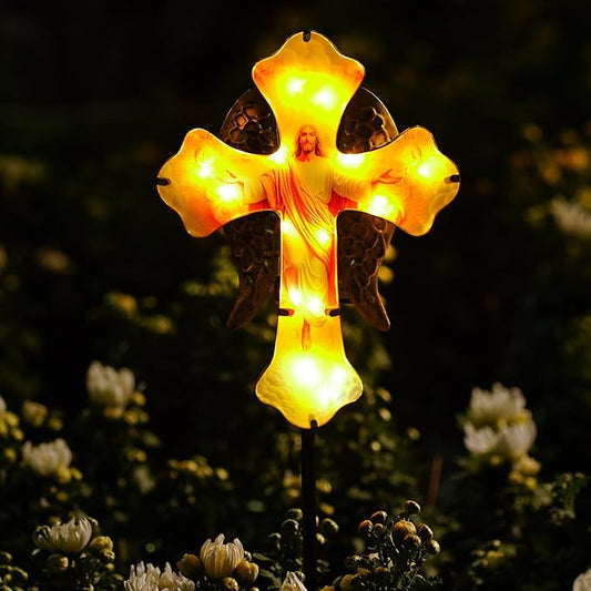 Solar Jesus Cross Garden Lights for Graves - Angel Wing Memorial Decor, Waterproof Cemetery Solar Stake Lights for Easter, Patio, Yard - Sympathy Gifts for Loved Ones1.