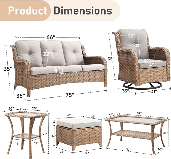 7-Piece Patio Furniture Set - All-Weather PE Wicker with Swivel Rocker Chairs, Couch, Ottomans & Tables