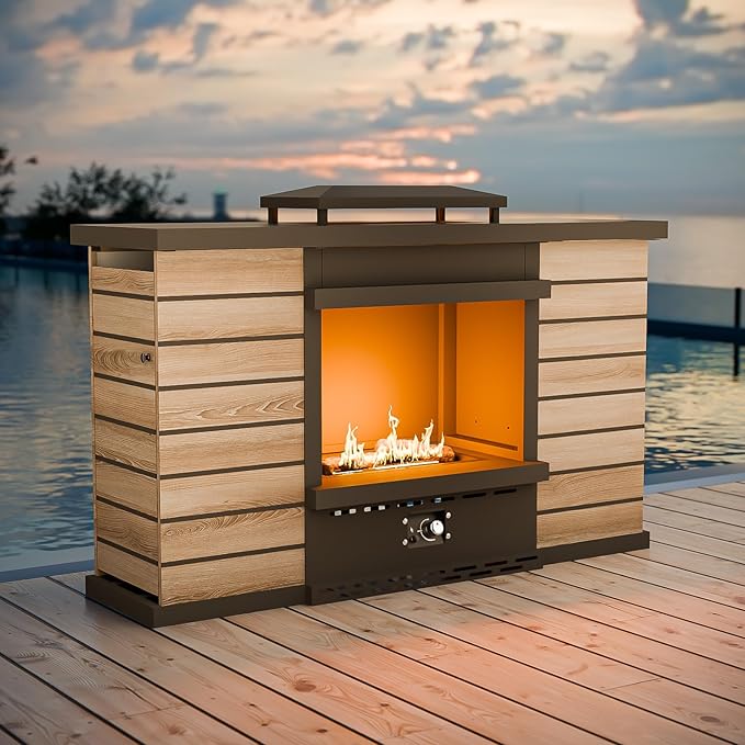 63'' Outdoor Propane Fireplace with Tank Storage & Extra Storage Cabinet, CSA Certified 50,000 BTU Patio Firepit with Dust Cover for Garden, Backyard and Balcony, Gray/Beige