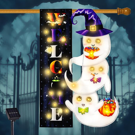 Halloween Lighted Garden Flag, Solar Yard Flag for Outside, 8 Modes Double Sided Welcome Halloween Ghost Outdoor Decorations for Home Porch (Ghost-28x40)