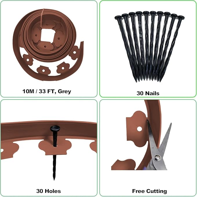 Garden Edging,33ft Landscape Edging Garden Borders Edging【2INCH Hight】 Paver Edging Include 30 Stakes, Flexible Lawn Edging Border for Yard, Lawn, Gardens(Brown)