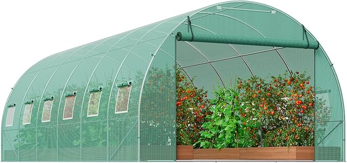 VEVOR Walk-in Tunnel Greenhouse, 19.4x9.7x6.5 ft Hoop House Greenhouse Tunnel, Plant Hot House with Galvanized Steel Frame, Green PE Cover, Roll-up Zipper Door and 12 Windows for Outdoor