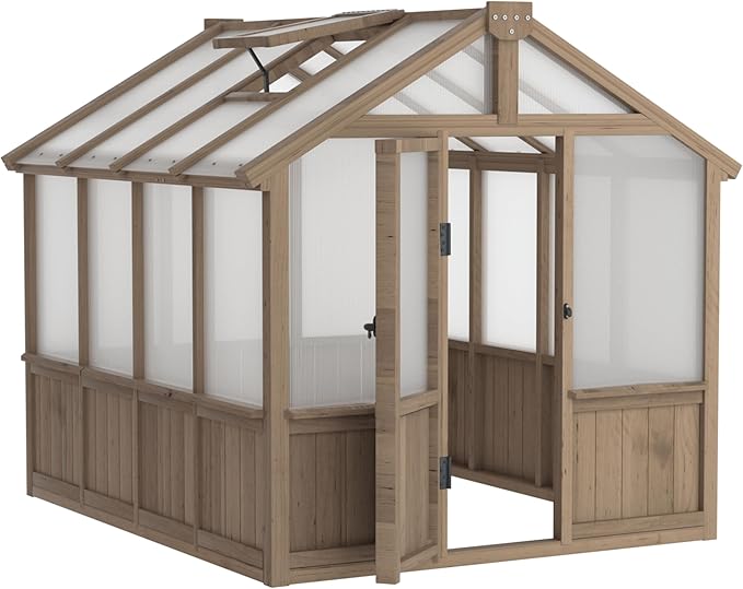 VEIKOU 6' x 8' Wooden Greenhouse for Outdoors with Cedar Frame, 6MM Thick Polycarbonate Panel, Green House with Adjustable Vent for Outside, Garden, Backyard, Light Mocha Brown