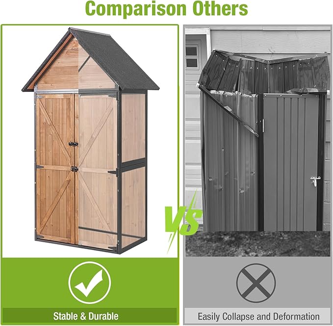GUTINNEEN Outdoor Storage Shed with All Around Strong Metal Frame, Garden Tool Sheds Cabinet with Floor & Adjustable Shelves, Wooden Tool House for Backyard Garden Patio Lawn (Brown)