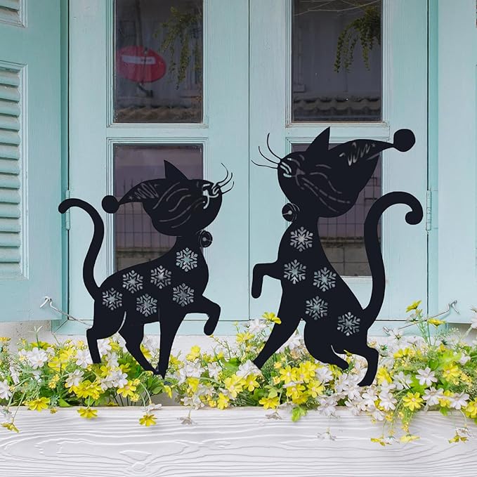 Metal Playing Cat Garden Decor for Outside (2 Pack), 14" Yard Art Stakes,Unique Gift for Kitty Lovers, Outdoor Lawn Statues and Weather Resistant Yard Art