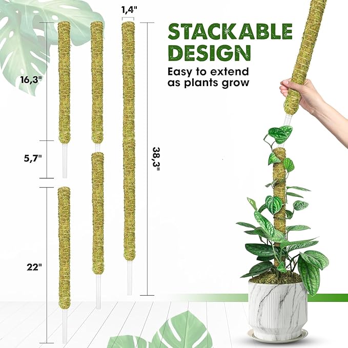 DUSPRO Natural Stackable Moss Pole for Plants Monstera Potted Plant Stakes for Indoor Plants Extendable Plant Pole Moss Sticks for Plants Climbing Vine Supporting Monstera Trellis 10Pcs 22''